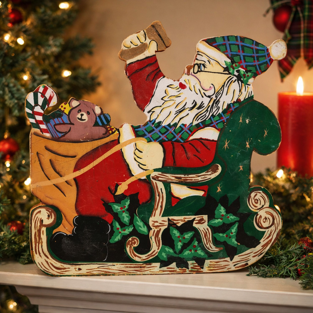 Vtg Santa Claus Hand Painted Wooden Plaque Shelf Sitter Hanging Christmas 13x14